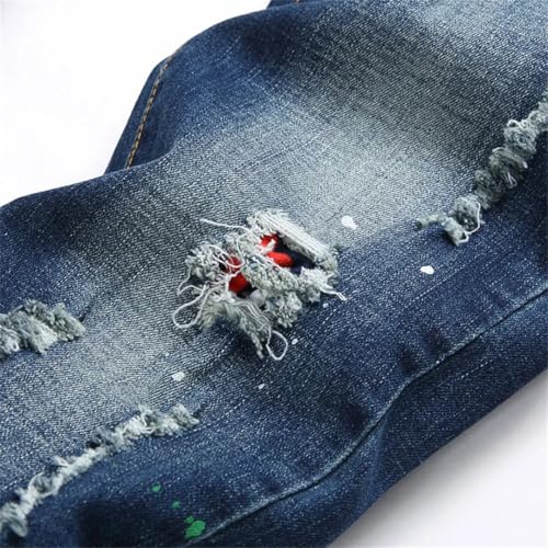 Men's Spots Ripped Jeans Splicing Stretch Slim Punk Denim Streetwear Trousers3