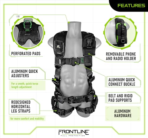 FRONTLINE FALL PROTECTION 250CTB Elite™ Construction Harness | Aluminum Hardware | Suspension Trauma Straps | Reflective Trim| Perforated Pads | OSHA&ANSI