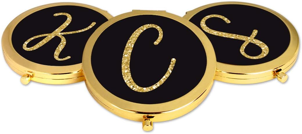 Andaz Press Gold Compact Mirror Bridesmaid's Wedding Gift, Black with Faux Gold Glitter, Monogram Letter C, 1-Pack, Bachelorette Bridal Shower Wedding Party Gifts