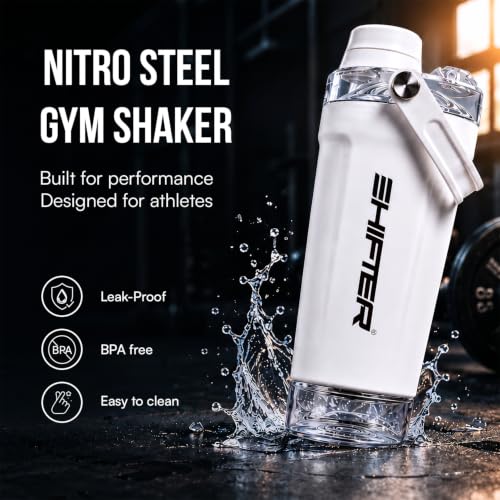 Image of Shifter Nitro Stainless Steel Protein Shaker Bottle 750ml | Leakproof Gym Shaker with Mixing Ball | BPA Free Steel Blender Bottle for Whey Protein, BCAA, Pre Workout & Fitness Drinks