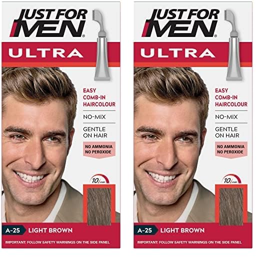 Just For Men Ultra Light Brown Hair Colour Dye, No Mix Comb-In Applicator to Comb Away The Greys, Ammonia & Peroxide Free – A25 (Pack of 2)