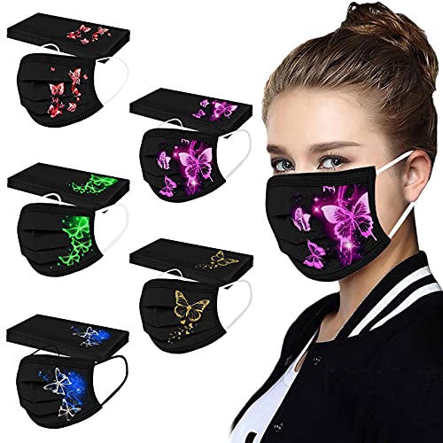 50 PCS Mixed Pack Face Masks - Adults Disposable_Face Protection 3 Layer Non-woven Breathable Comfortable Butterfly Printed Black Face Coverings Nose Mouth Bandana Facial Protective for Men Women