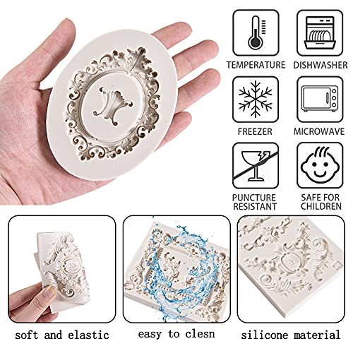 Baroque Photo Frame Fondant Molds (4 Pack), Scroll Lace Silicone Candy Feather Frame Chocolate Mold, for Wedding Cake Cupcake Decoration, Sugarcraft, Clay in Christmas, Thanksgiving, Easter