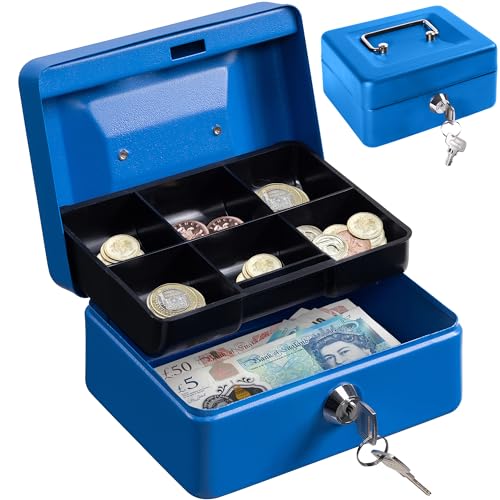 Image of H&S Lockable Cash Box with Key - Black Cash Box in Small with 2 Keys - for Notes with Coin Compartment for Money Storage - Money Box Cash Box with Lock - Blue