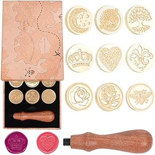 Wax Seal Stamp Kit, 9 Pieces Sealing Wax Stamp Head + 1 Wooden Handle, Vintage Seal Wax Stamp Kit with Gift Box for Cards Envelopes, Gift Packaging