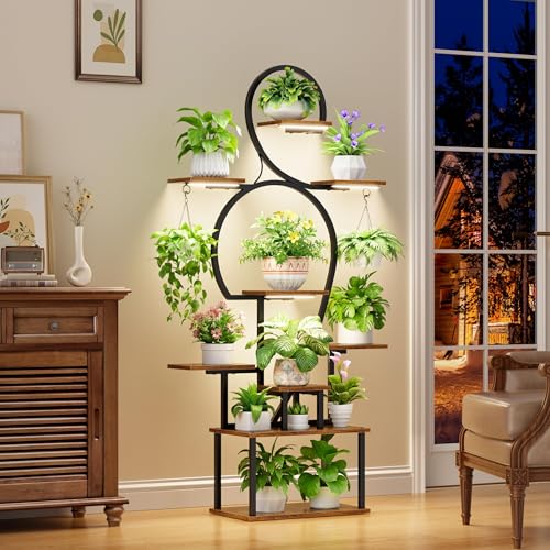 Image of POZILAN Plant Stand Indoor with Grow Lights, 63'' Tall Indoor Plant Shelf, 9 Tiered Lighted Plant Stands for Living Room, Metal & Wood Corner Large Flower Holder for Alcony, Patio & Home, Black