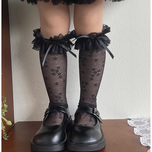 Socks Over Knee Stockings Over Calf Socks Girls Lace Trim Bowknot Over Knee Stockings for Children Girl 3-13 Year3