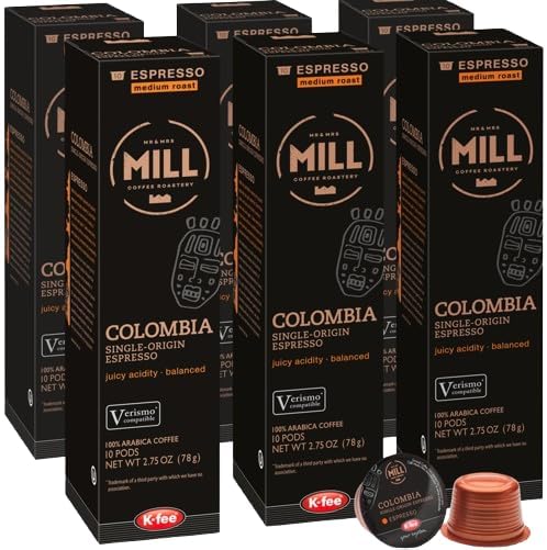Mill Coffee Colombia Espresso K-fee® compatible with Starbucks Verismo* | 60 Count (6 boxes X 10 Pods) | Medium Roast Single Serve Espresso Pods (60)