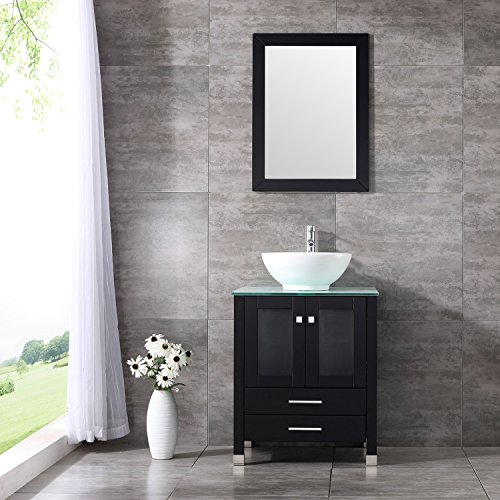 Bathjoy 24" Black Wood Bathroom Vanity Cabinet Round Bowl Ceramic Vessel Sink Combo Countertop Sink Set Faucet Drain W/Mirror #TOP19