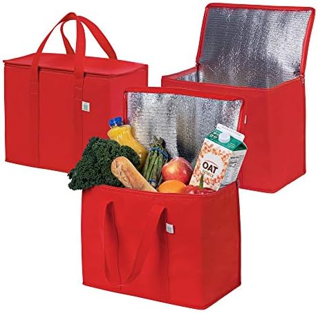 VENO 3 Pack Insulated Reusable Grocery Bag, Food Delivery Bag, Durable, Heavy Duty, Large Size, Stands Upright, Collapsible, Sturdy Zipper, Reusable and Sustainable (Red - 3 Pack)