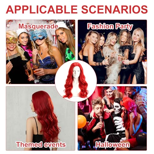 JYYWTSI Czerwona peruka damska, długa, o naturalnym wyglądzie z grzebieniem trzpieniowym, czerwona peruka, długa ruda peruka na Halloween, karnawał, cosplay, imprezę, syntetyczne rude włosy, kostium