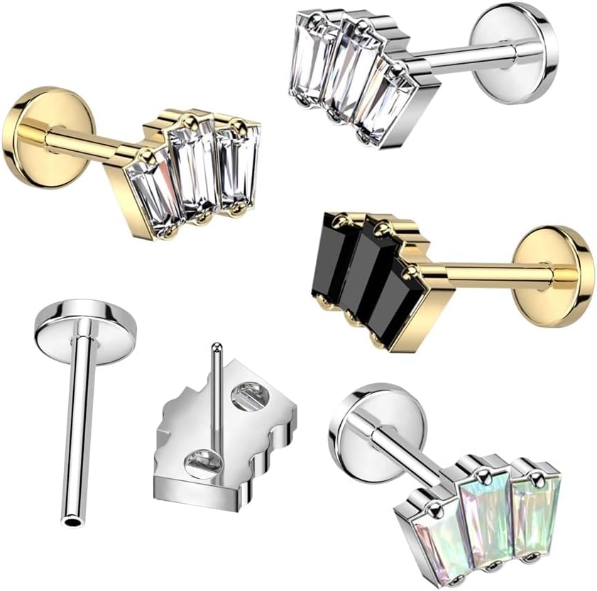 Pierced Owl 18GA F136 Implant Grade Titanium Triple CZ Crystal Baguette Threadless Push-In Labret Stud