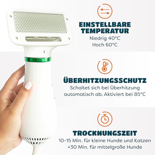 KUUBIA Hundeföhn | 2-in-1 Haartrockner mit Bürste | Hundefön für kleine und mittelgroße Hunde & Katzen | 300W Blower, tragbar, relativ leise, einstellbare Temperatur, Edelstahl-Zupfbürste