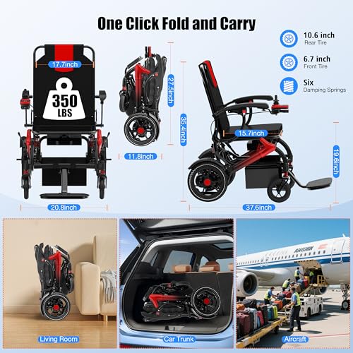 Image of Electric Wheelchairs for Adults Foldable 36LBS Lightweight Frame Airline Approval,15 Miles Range, Max Support 350 LBS, 500W Brushless Motors with LED Light-Red-M18 Color
