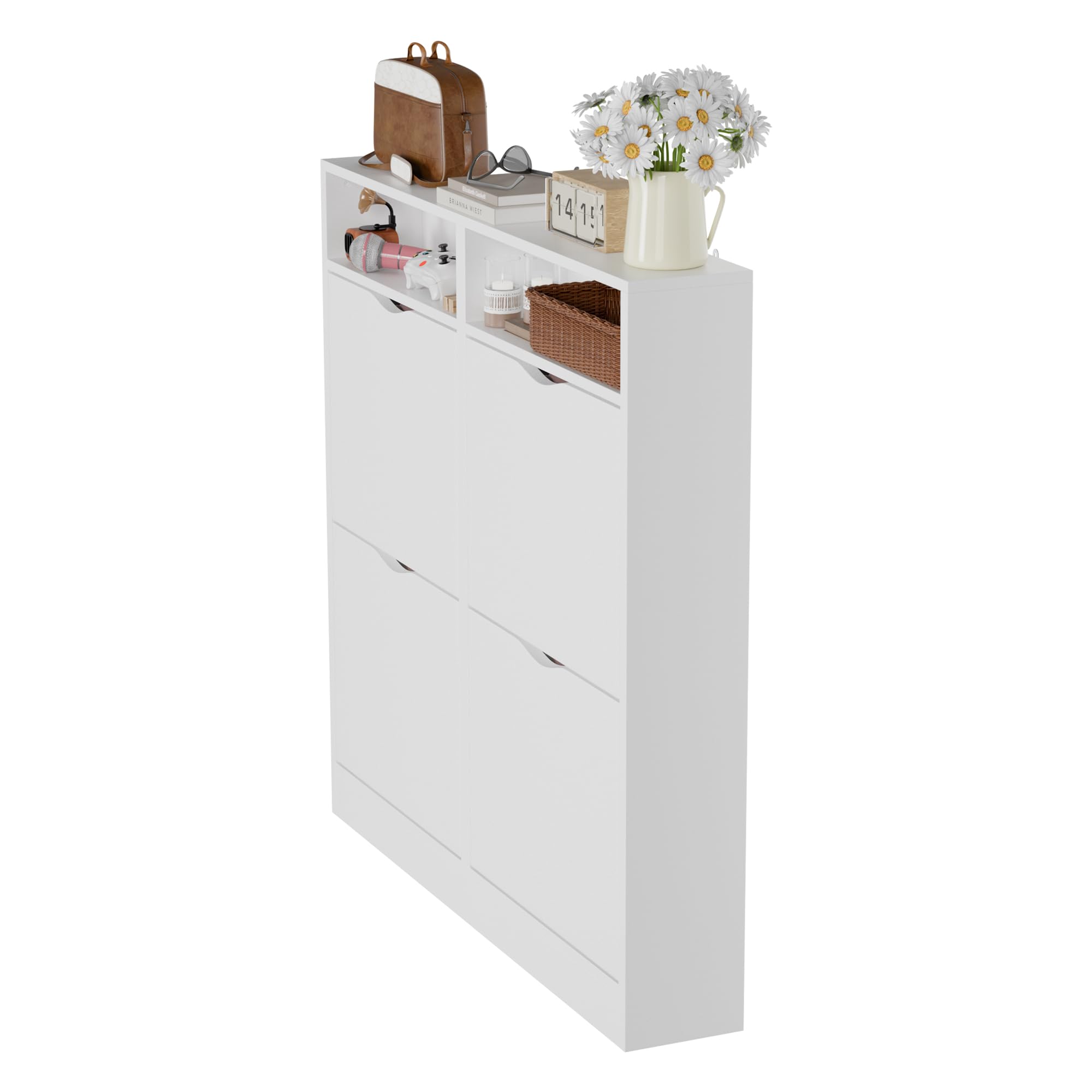 ELUCHANG Scarpiera Salvaspazio Slim con 4 Ante a Ribalta, Scarpiera Armadio Moderna per Corridoio, Ingresso e Camera, Legno in Bianco, 100x17x100cm