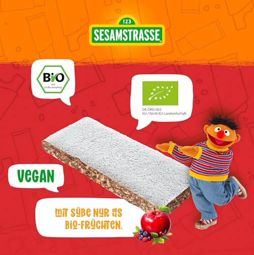 Sesamstrasse Bio Fruchtriegel Ernie, mit Apfel & Beere, 25er Pack (25 Stück x 25g), Großpackung auf Getreide Basis, Früchteriegel für Kinder ab 3 Jahren, bio, vegan