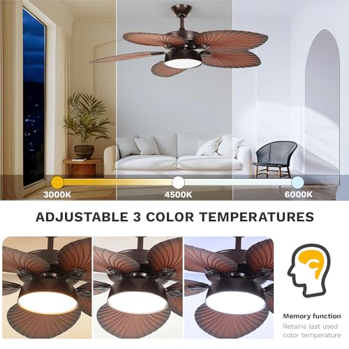 DWVO 52" Tropical Ceiling Fan with Light & Remote, LED Tri-Color Temperature, 5 Blade Ceiling Fans Reversible 6 Speeds w/Quiet DC Motor, 6'' & 12'' Downrods for Bedroom, Living Room