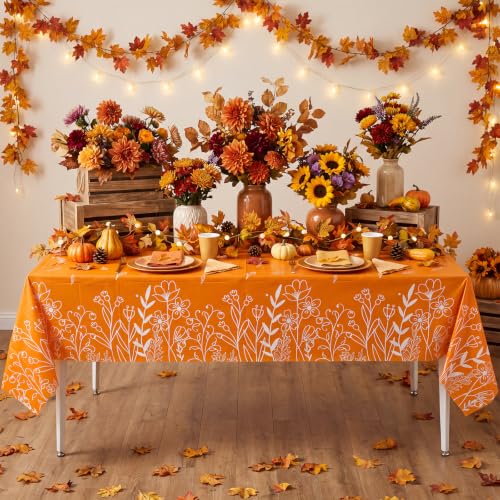 Image of 3 Pcs Fall Plastic Tablecloths, 54 X 108Inch Orange Line Floral Tablecloth