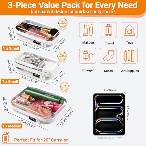 YQBRAO 3 Pack Clear Hard Shell Zipper Case, 1.2mm Heavy Duty Crush-Proof Travel Makeup Bag, TSA Approved Toiletry Organizer for Diaper Bag, Art Supplies, Toys & Electronics, Multi-Size Set