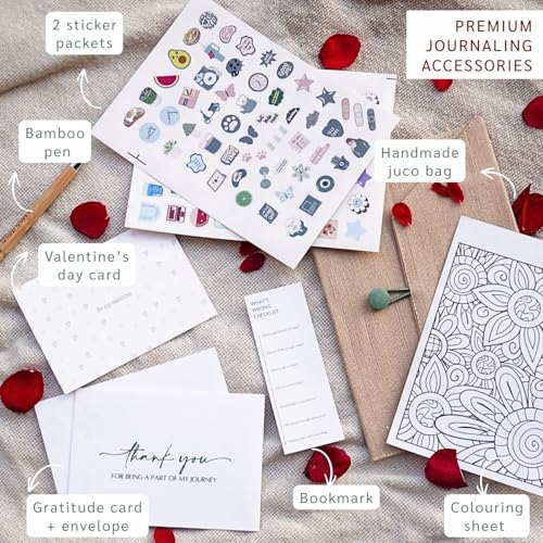 Image of Be My Valentine Gift Set - Luxury Stationery Kit, Guided Hardbound Journal, TJute Bag, Stickers, Gratitude Card, Bookmark, bamboo pen - Curated for Stationery Lovers