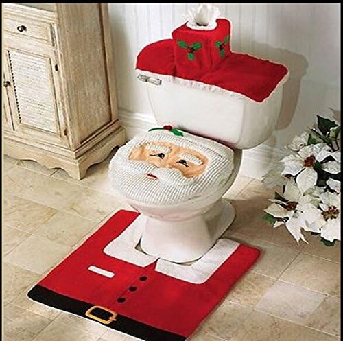 Run Santa Claus Bathroom Toilet Seat Cover Carpet in Christmas Decoration Christmas Set Decoration (Red, White)