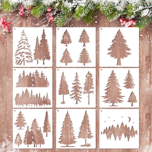 MWOOT 9 Stück Kiefer Schablonen, Kiefernschablonen, Wiederverwendbare Malvorlagen Kits, Xmas Tree Stencils, Geeignet zum Bemalen, Leinwand, Möbeln und Handwerksprojekten (15x15 CM)
