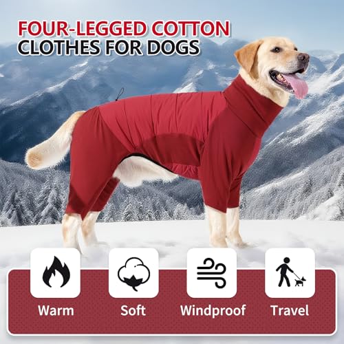 Image of BRKURLEG Full Body Dog Winter Coat Warm Fleece Pullover Pajamas, Four Legs Covered Windproof Dog Jacket for Small to Large Dogs, Turtleneck Dogs Snowsuit, Pet Cold Weather Clothes, Red XXXL