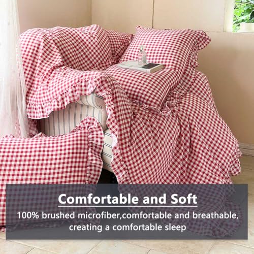 Image of NSNLGSGC Red Ruffle Gingham Comforter Set Queen, Pre-Washed Ruffled Plaid Checked Comforter Bedding, 3 Pieces Vintage Farmhouse Grid Bedding Set(Red Gingham, Queen)