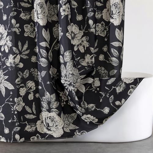 Aldopein Vintage Floral Fabric Shower Curtain Set Boho Modern Farmhouse Botanical Bathroom Decorations, Toile De Jouy Style Faux Linen Moody Black Cottagecore Bathroom Shower Curtains with Hooks