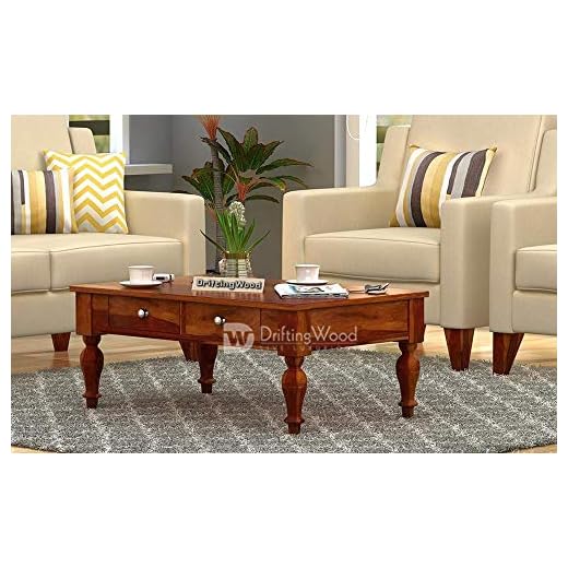DriftingWood Sheesham Wood Trae 2 Drawer Center Coffee Table for Living Room | Honey Finish
