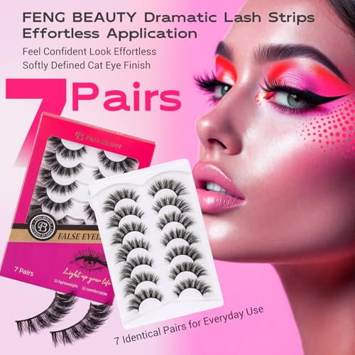 Cat Eye False Eyelashes Wispy Fluffy Volume Dramatic Long Strip Lashes Lightweight Natural Look Easy to Apply Reusable Faux Mink Lashes for Daily and Glam Makeup 7 Pairs - Image 6