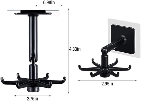 Hanging Utensil Holder Hooks Kitchen Utensil Hanger Wall Mount 360 Degrees Rotating Folding Hook Self Adhesive Hook Utensil Rack with 6 Hooks for Kitchen Bathroom (1 Black & 1 White)