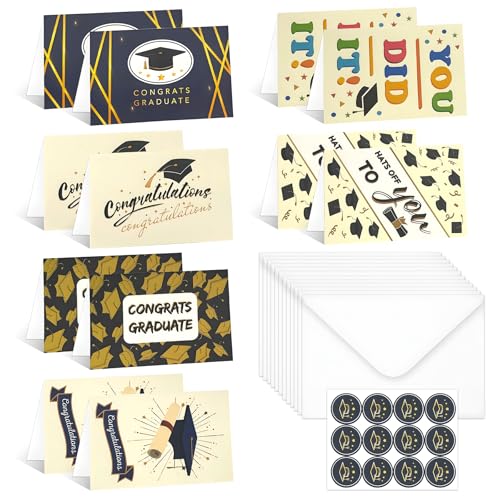 Biglietti di laurea, 2025-12 biglietti di congratulazioni con buste e sigilli, set di biglietti di laurea per regali di laurea, feste, 6 disegni unici, 12 biglietti, 12 buste, 12 sigilli (6 disegni