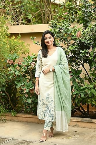 Image of ANNI DESIGNER Women's Rayon Viscose Straight Printed Kurta with Pant and Dupatta | Elegant Floral Print Kurti Set | Soft Breathable Fabric | Stylish Ethnic Outfit for Office, Festive & Casual Occasion