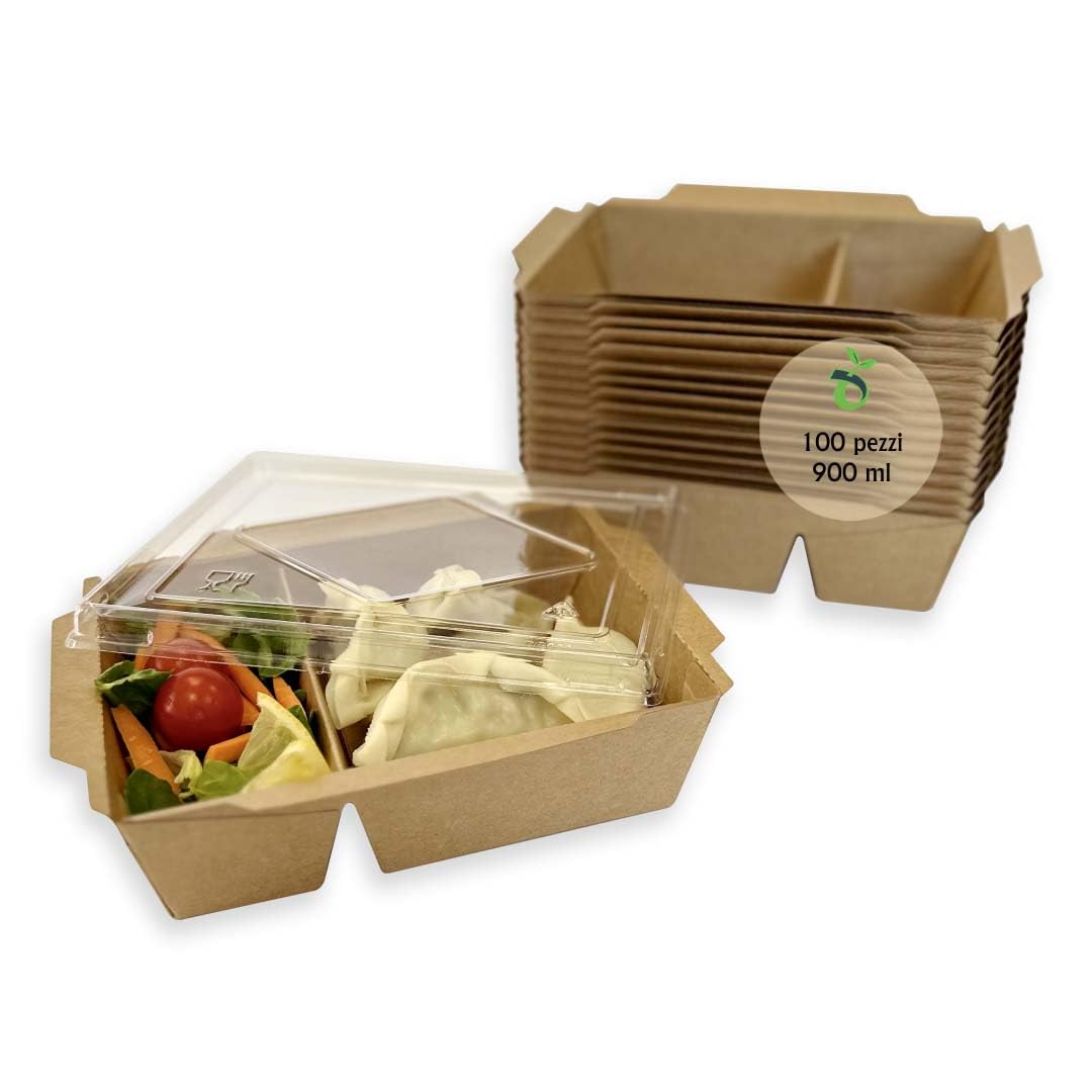 Lanchbox in Carta Kraft con Coperchio Trasparente a 2 Scomparti 900 ml - Confezione da 100 Pezzi | Scatole per Alimenti da Asporto, Contenitori Monouso per Cibo e Dolci