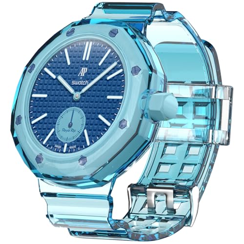 Image of BoerHang Strap Compatible with Swatch Royal Pop, Crown for 3 o'clock position, Transparent Simple Integrated Strap with Protective case, Silicone Sports Fitness Watch Strap.(Transparent blue)