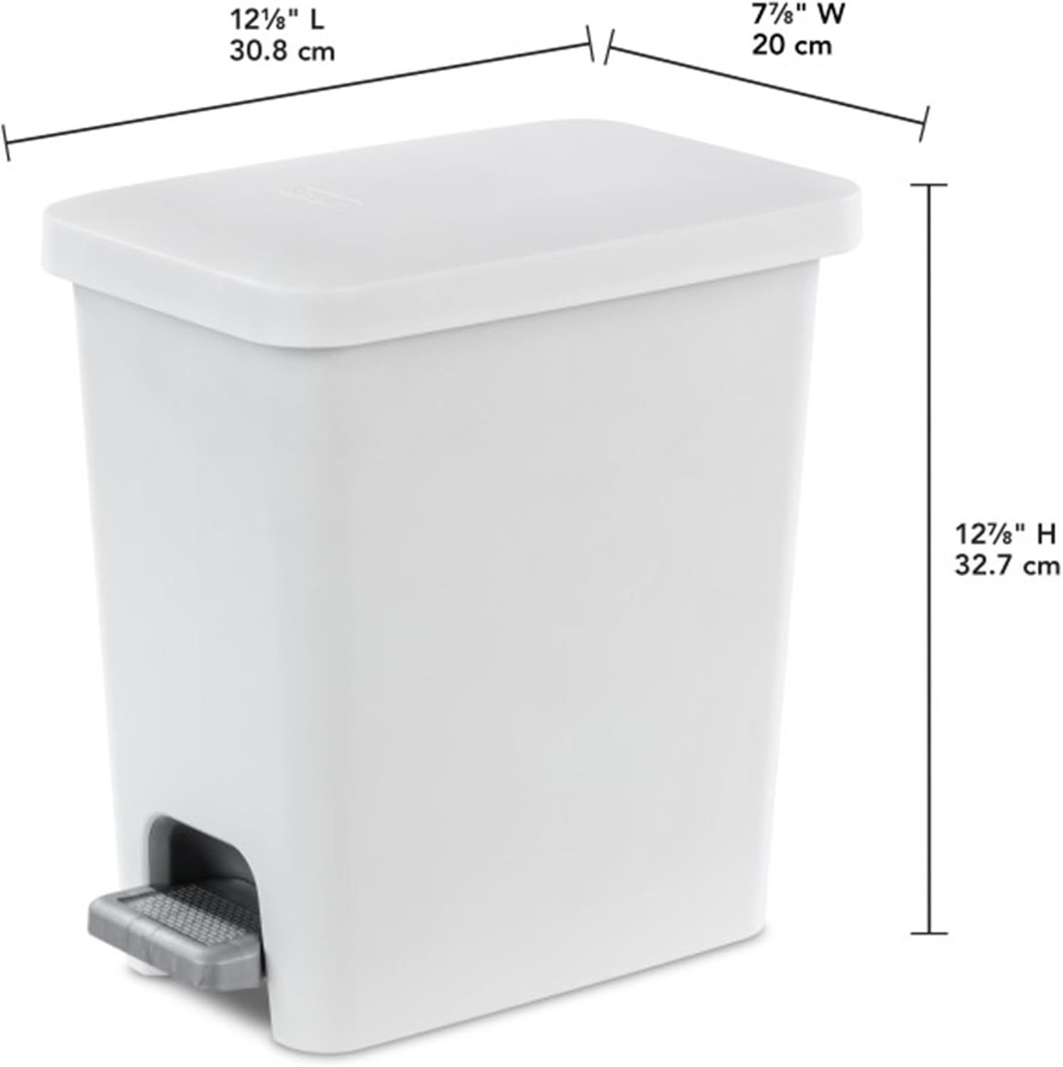 Sterilite 2.7 Gallon Rectangular StepOn Wastebasket, Small, White lid and base with Titanium pedal and Liner
