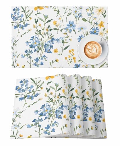 Spring Flowers Leaves Placemats Set of 4, Blue Yellow Pastoral Wind Non-Skid Place Mats, Holiday Table Mats, Washable Stain-Resistance Tablemats for Party/Dining Room/Kitchen Decorations