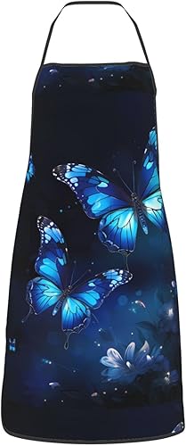 Miniatura 8 de Unisex Apron With Pocket, Dark Blue Butterflies Print Chef Apron For Cooking, Bbq & Crafts, Spillproof Kitchen Protection Bib With Large Utility