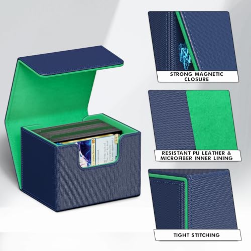 Image of ZLCA Card Deck Box for Trading Cards, MTG Commander Deck Box Holds 120+ Single Sleeved Cards, Leather Magnetic Card Storage Box Fits for TCG CCG Magic Cards (Blue&Green)