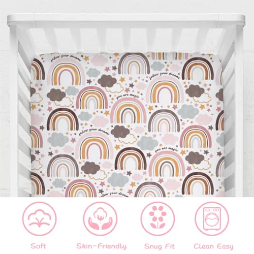 Image of Colorful Boho Rainbow Baby Crib Sheet 52''x28'' Cute Rainbow Clouds Stars Fitted Crib Mattress Cover for Boy Girl Soft Bed Sheet for Standard Size Crib and Toddler Mattresses