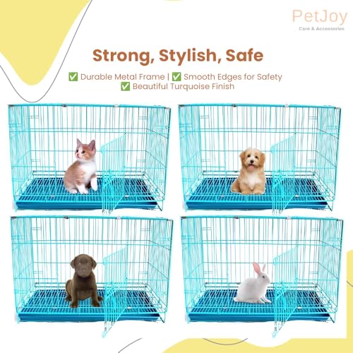 Image of PETJOY Foldable Metal Dog Cage | 24 Inch Dog Crate Kennel for Puppies, Medium Dogs, Cats & Rabbits | Double Door with Secure Lock, Removable Leak-Proof Tray | Portable & Easy to Clean Pet Cage (Blue)