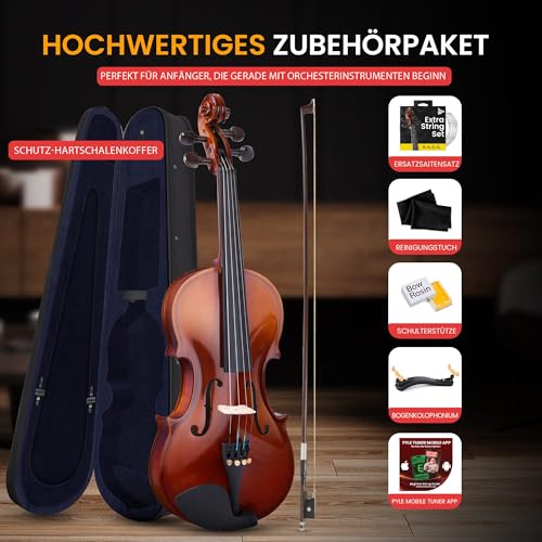 Pyle Violine Set Größe 1/4 – Leichtes Streichinstrument mit hochwertigem Holzfurnier – Geige mit Zubehör inkl. Geigenkoffer, Kolophonium, Violine Stimmgerät, Ersatzsaiten & Bogen – für Kinder ab 5