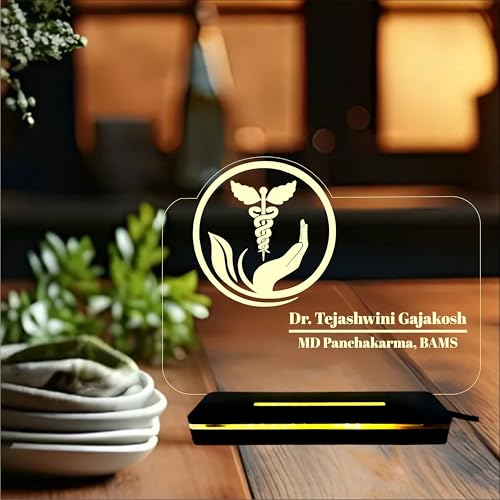 Image of PRINTKART Doctors Name and Designation Personalised LED 3D Illusion Lamp Gift for Doctor Laser Cut Acrylic Transparent with Wooden Base 7 x 5 Inches Ayurvedic Doctor
