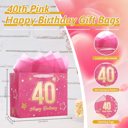 Image of Powbrace 13 inch Pink 40th Birthday Gift Bag with Tissue Paper and Greeting Card for Party,Happy Birthday Gift Bag for Men Women,Gift Bags Medium size(1 Pink 40th)