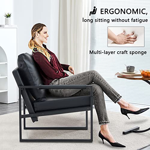 Accent Chairs Set Of 2, Mid Century Modern Accent Chair, Metal Frame And Leather Armchairs Side Chair, Lounge Reading Comfy Arm Chair For Living Room, Bedroom, Office (Black) #TOP4