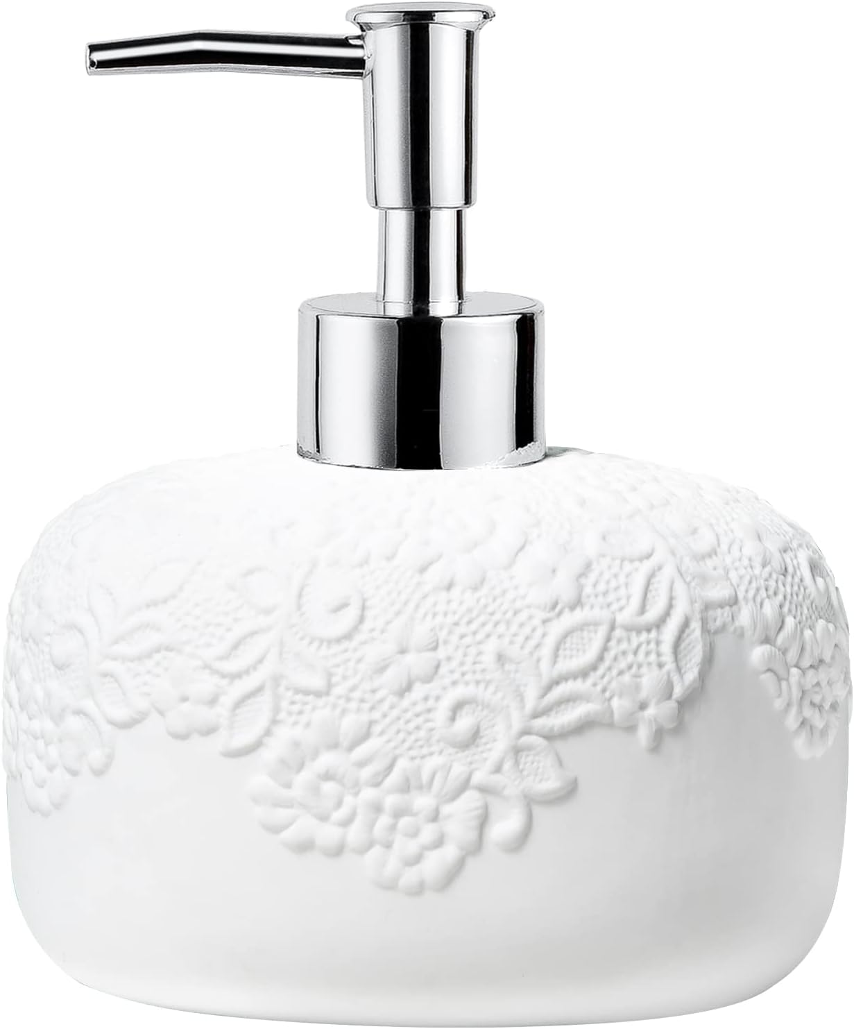 White Soap Dispenser, Ceramic Countertop Lotion Dispenser 14oz with Embossed Design, Bathroom Refillable Lotion Bottle for Shower Soaps Shampoo Kitchen Organization, ANTIS'S HOME