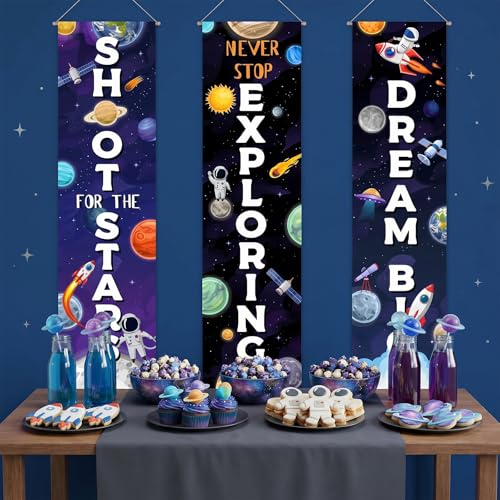 Image of Chiisong 3 Pcs Outer Space Party Decorations Banners Galaxy Vbs Astronaut Porch Signs Never Stop Exploring Back to School Welcome Motivational Hanging Flags Classroom Photo Props Backdrop Supplies