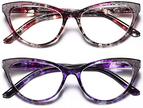 Blue Light Blocking Readers Glasses - 2 Pack Computer Reading Glasses Cat Eye Trendy Spring Hinge Ultra Lightweight Eyeglasses Reduce Eye Fatigue +1.25x