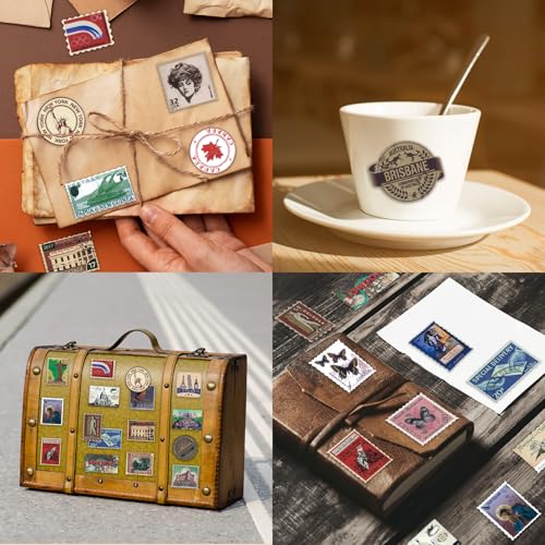 Image of Vintage Travel Postage Stamp Stickers - World Landmarks USA Australia Brazil Waterproof Vinyl Stickers for Journal Planner Laptop Scrapbooking